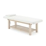Table de massage SAVANE en bois clair | largeur 75 cm, matelas épais, dossier réglable à crans, trou facial & têtière, plateau de rangement, revêtement blanc | 190×75×75 cm | 50 kg
