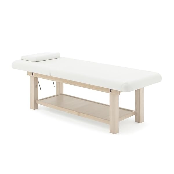 Table de massage SAVANE en bois clair | largeur 75 cm, matelas épais, dossier réglable à crans, trou facial & têtière, plateau de rangement, revêtement blanc | 190×75×75 cm | 50 kg