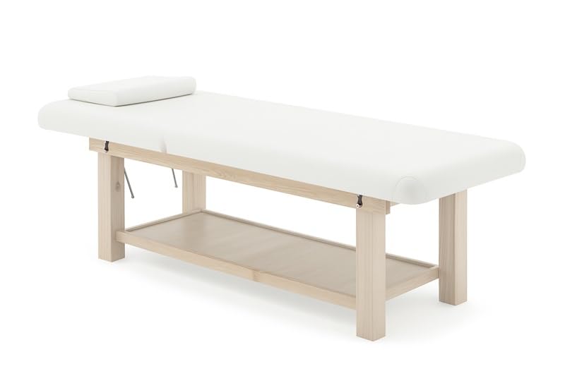 Table de massage SAVANE en bois clair | largeur 75 cm, matelas épais, dossier réglable à crans, trou facial & têtière, plateau de rangement, revêtement blanc | 190×75×75 cm | 50 kg – Image 3