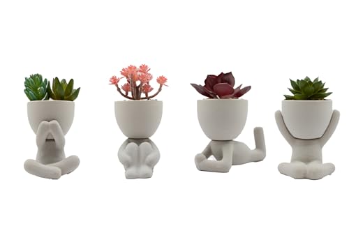SkyBlis Home Bedroom Office Decor Fake Plant Cute Matte Gray Human Shaped Ceramic Planters, Artificial Succulent Plants in Pots, Small, Aesthetic Indoor., Grey