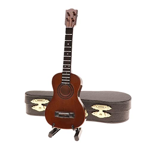 Ukulélé miniature en bois marron de 14 cm avec son support et étui de protection