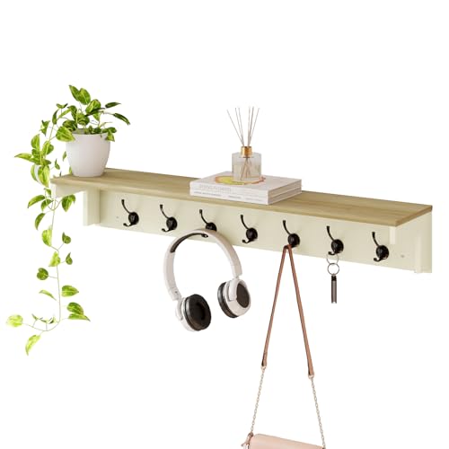 Levede Wall Mounted Coat Rack with Shelf, 7 Double Coat Hooks, 80cm Hallway Coat Hooks Wall Mounted, Coat Rack with Shelf for Entryway, Hallway, Bedroom, Cream Color & Oak