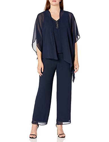 Le Bos Women's 3 PC Beaded V-Neck Pant Set, Navy, 14