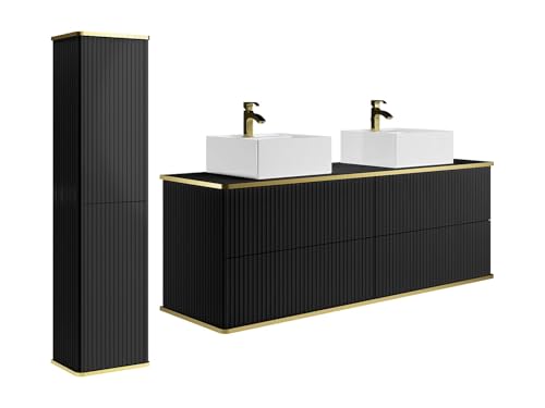 Vente-unique - Meuble de Salle de Bain Suspendu strié avec Double Vasque à Poser carrée et Colonne - Noir - 120 cm - KELIZA