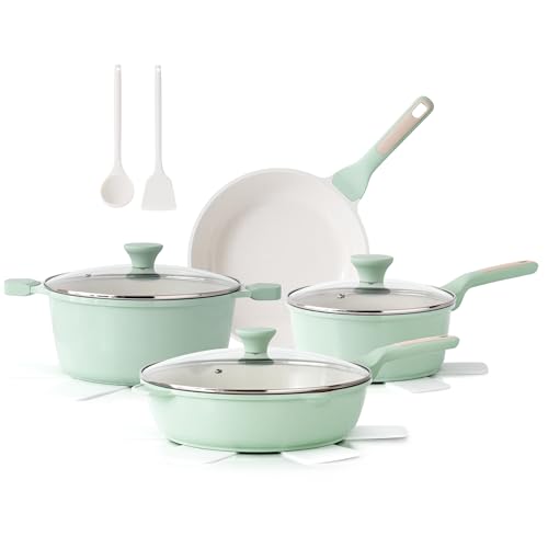 Image of SENSARTE Nonstick Ceramic Cookware Set Large 13-Piece, Healthy Pots and Pans Set Dishwasher Safe, Non-toxic Kitchen Cooking Set with Stay-Cool Handles, Induction Compatible, PFAS Free, Green