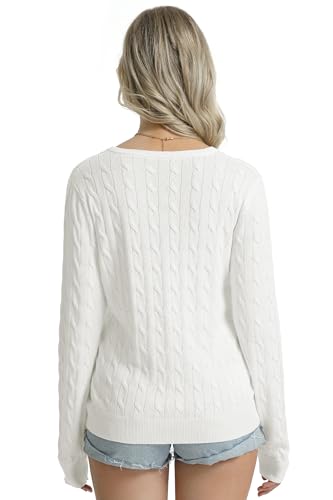 QUALFORT Women's 100% Cotton Cable Knit Sweaters Basic Long Sleeve Soft Pullover Sweater 20253