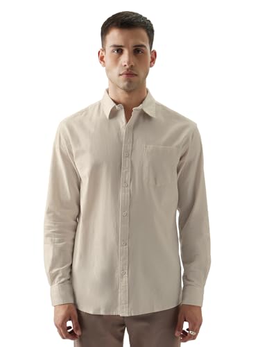 Image of The Souled Store Solid Linen: Beige Color Men and Boys Regular Outdoor Fit Full Sleeve Collared Neck Spread Collar Casual Wear Stylish Comfortable Premium Elegant Cotton Shirts