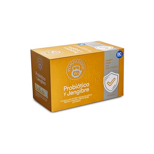 Pompadour | Probiótico y Jengibre | Ayuda a la Flora Intestinal | Con Probiótico BC30 | Sin Teína | 15 Bolsitas de 1,75 Gr