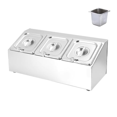 Estación de acero inoxidable para pizzas con sartenes y tapas, dispensador de especias inclinado, estante para condimentos, salsas, ensaladas y estante de ingredientes de mermelada