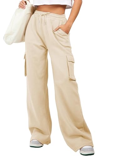 Aleumdr Womens Cargo Sweatpants 2025 Fall Trendy Tall Baggy High Waisted Sweats Pants Athletic Trousers with Pockets Beige Medium