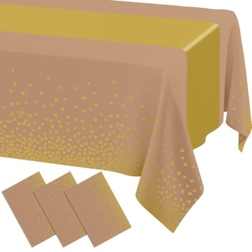 Image of Smiry Plastic Table Cloth Disposable 3 Pack, 54 x 108 Inch Rectangle Waterproof Tablecloth, Printed Gold Table Runner Style for Birthday Weeding, Party Decorations, Leakproof & Sturdy, Gold and Camel
