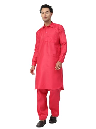 Image of Men's Traditional Pathani Kurta Salwar Set, Red, Long Sleeve, Collared Neck, Cotton Blend, Ethnic Wear