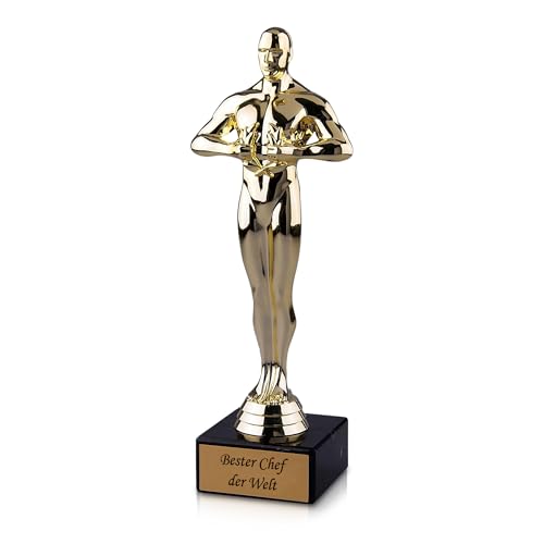 Pokal-Fabrik - Goldener Pokal 24 cm aus hochwertigem Kunststoff mit Gravur - Geschenk-Trophäe Siegerfigur Viktor mit Marmorsockel - Personalisiertes Geschenk für Chef als Zeichen der Wertschätzung