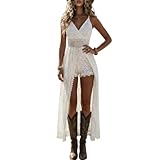 Minetom Robes D'Été Femme Dentelle Spaghetti D'Été Boho De Plage avec Franges Décolleté en V Robe Décontractée Cowgirl M Blanc L