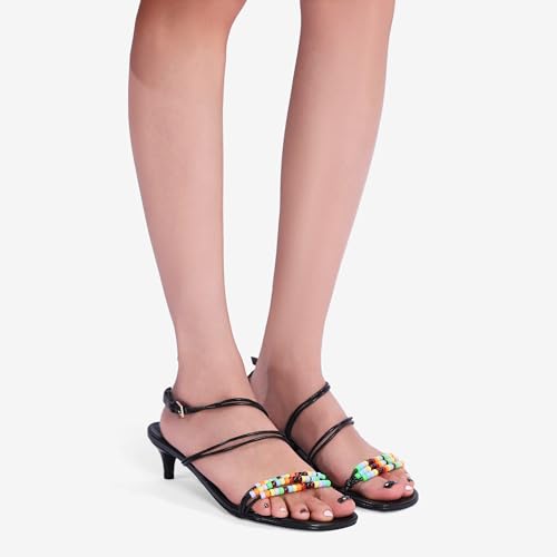 Kitten Heel Sandals for Women Ankle Strap Strappy Beaded Peral Mid Heel Round Open Toe Casual Vacation Beach Daily Shoes3
