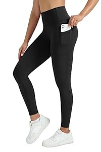 Enjoyoga Sport Leggings Damen mit Tasche - High Waist Sporthose Damen Gym Leggings Laufhose für Sport Gym Yoga - 03 (S-M, A-Schwarz)