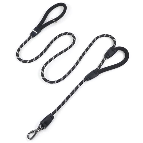 Wolfone Correa Negra para Perro de 2,1 m con Doble asa Extra Acolchada, Clip de mosquetón de Metal con Bloqueo, Abrazaderas de Silicona duraderas, Correa de Cuerda Reflectante, Correa de Perro