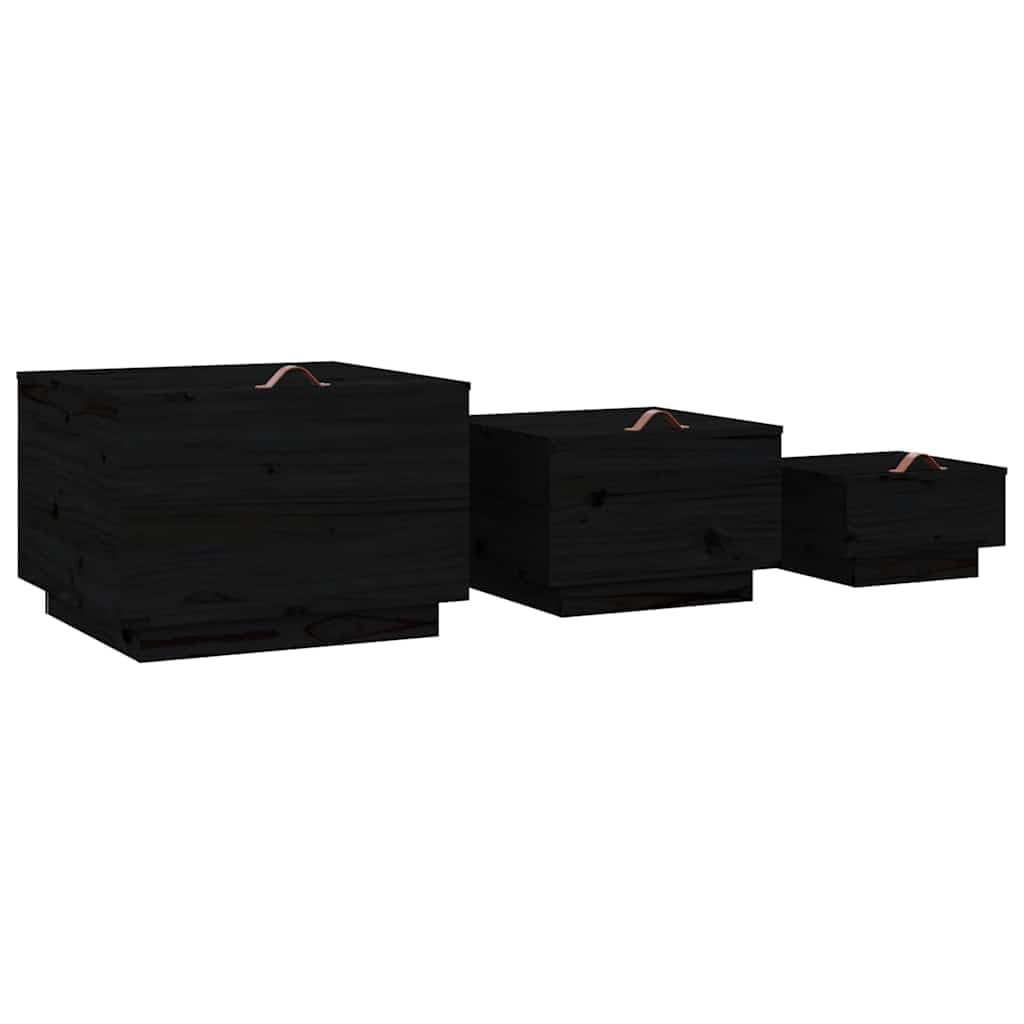 Juego de 3 cajas de almacenamiento con tapa, madera de pino, color negro