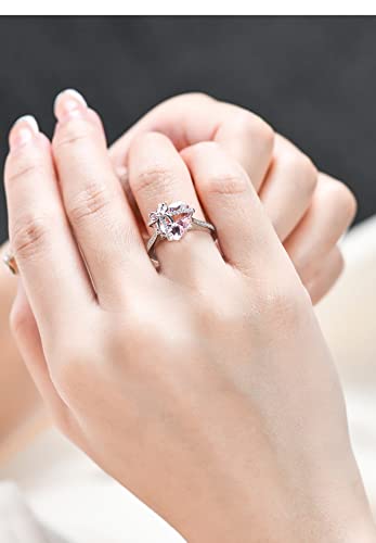 Shiny Pink Heart Shaped Cubic Zirconia Bow Open Ring for Women Dainty Cute Elegant Promise Engagement Wedding Statement Simulated Diamond Anniversary Valentine's Day Birthday Ring for Her4