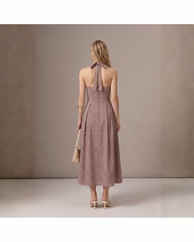 Image of Women's Gingham Veranda Maxi Dress, Halter Neck Tie Back, Sleeveless Plaid Long Sun Dress for Vacation and Brunch