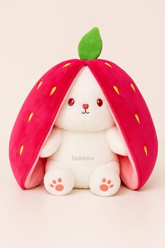 Image of Rabbit with Chain Reversible Strawberry Bunny Pink Soft Toy for Girls Boys Kids, Zipper Animal Stuffed Baby Teddy Gift Birthday, 25 cm