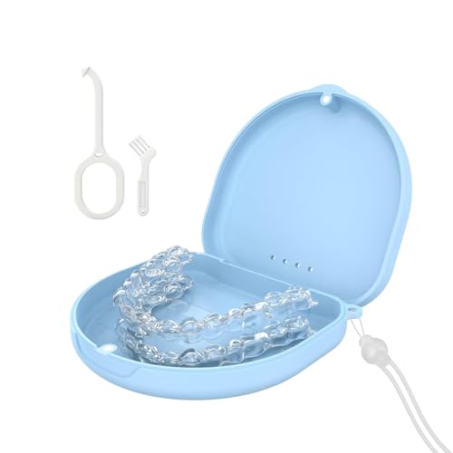 Zahnspangendose Zahnschiene Box Mit Silikon-Handgelenkband und Belüftungslöchern Retainer Case mit Entnahmewerkzeugen& Bürste (Blau)