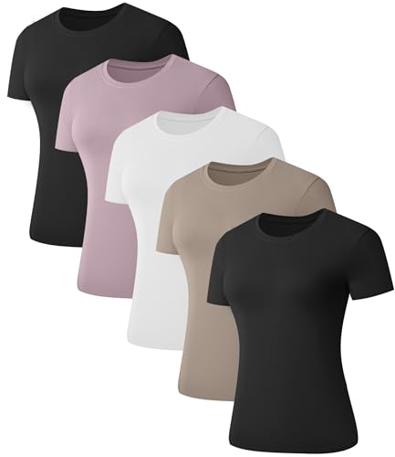 1/5 Pack Women's Short Sleeve Basic T Shirts Tees, Slim Fit Crew Neck Tshirt Summer Tops for Casual Workout Trendy