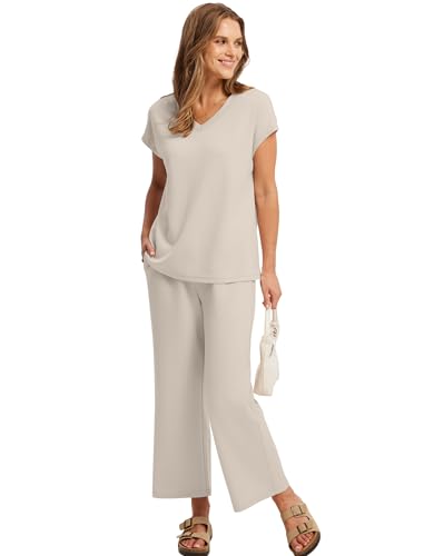 Image of Saloogoe Two Piece Sets for Women Summer Outfits Lounge Sets V Neck Tops Wide Leg Pants Woman Vacation Travel Outfits