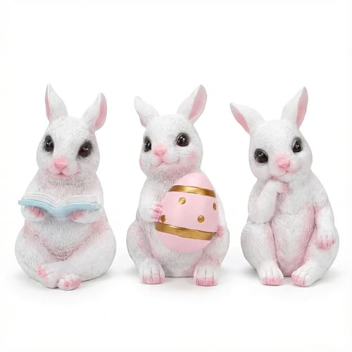 Zhe Jiu Easter Bunny Statue, Spring Tabletop Decoration, Cute Rabbit Figurine for Indoor Outdoor Easter Decor (Bunny 3 PCS)