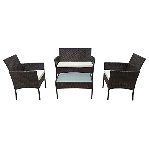 Salon de Jardin CORFOU en résine tressée Marron 4 Places - Coussins Beige