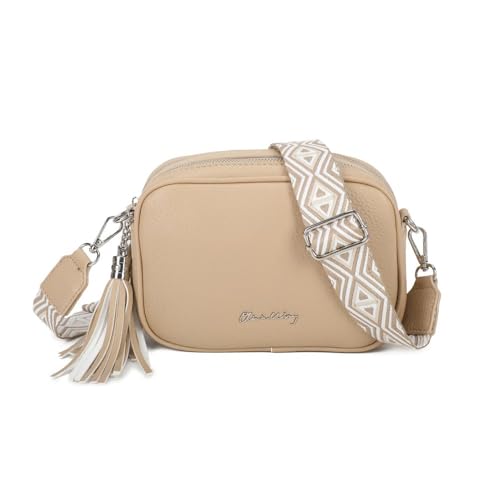 Bolso bandolera mujer pequeño de cuero PU dos compartimentos y dos bandoleras, bolso mensajero para cruzar polipiel regalo original para mujer (Khaki)