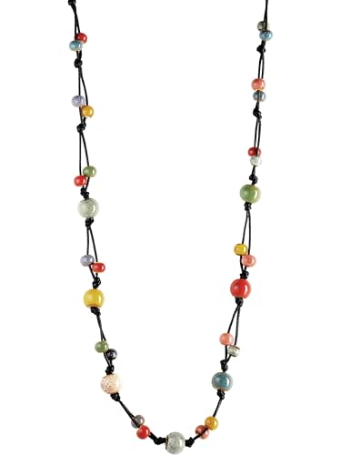 Hanary Long collier de perles colorées en céramique style hippie, bohème, hippie, plage, été, bijou cadeau pour femme
