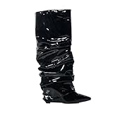 DETOGNI Women's Black Patent Wedge High Heel Boots Pointed Toe Slip-On Fit Ruched Wrinkles Booties