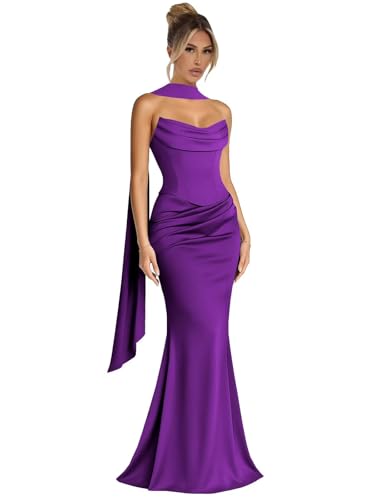 TORYEMY Satin Bridesmaid Dresses for Women Long Mermaid Strapless Pleated Formal Evening Dresses with Scarf