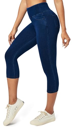 Heathyoga Capri Jeans for Women high Waist Pull on Jeggings for Women Tummy Control Stretchy Jeans Capris with Pockets Dark Blue
