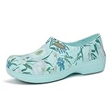 Hawkwell Professional Nursing Shoes for Women - Slip Resistant Surgical Clogs, Lightweight Waterproof Medical Work Shoes - Comfortable Shoes for Healthcare, Food Service, Garden,Green Flower,7 M US