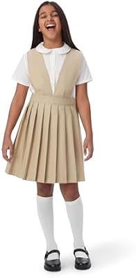French Toast Girls' V-Neck Pleated Jumper, Khaki, 14.5 Plus