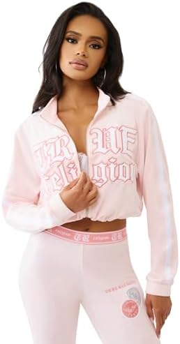 True Religion Cropped Velour Track Zip Up Hoodie for Women - Cozy Cropped Hoodie - Mary’s Rose, Large