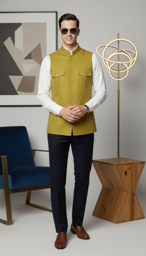 Image of LATEST CHIKAN Men's Nehru Jacket | Ethnic Waistcoat with Mandarin Collar | Premium Textured Fabric | Party, Wedding