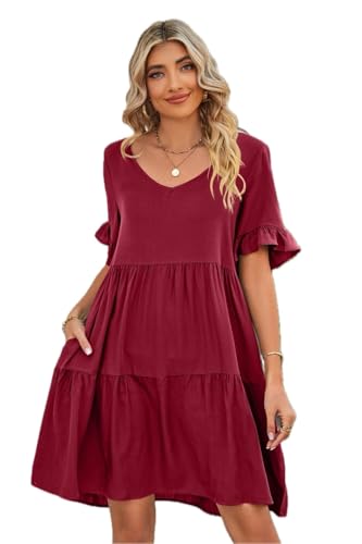 RULVIAN Women's Mandy V Neck Flounce Sleeve Tiered Dress Knee