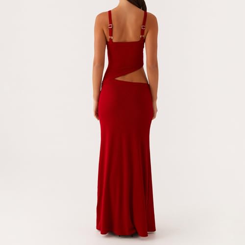 Image of Women Cut Out Maxi Dress Sleeveless Spaghetti Strap V Neck Backless Summer Bodycon Long Dress Party Dress
