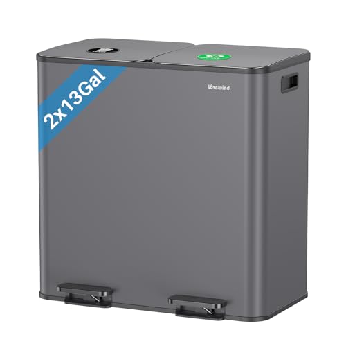 Dual Trash and Recycling Bins for Kitchen, 2×13 Gallon (2× 50L) Stainless Steel Trash and Recycle Bin Combo with Soft-Close Lid, Large Garbage Cans for Kitchen Home with 2 Magnets Sticker, Gray