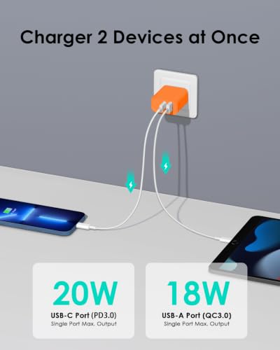 Image of [4 Pack] USB C Charger Block Fast Charging Multiport Adpater [PD 20W USB-C & QC 3.0 USB-A Port] for iPhone 17 /16 /15 /14 /13 /12 /11 /X /9, iPad, Galaxy, Google & More [Orange]