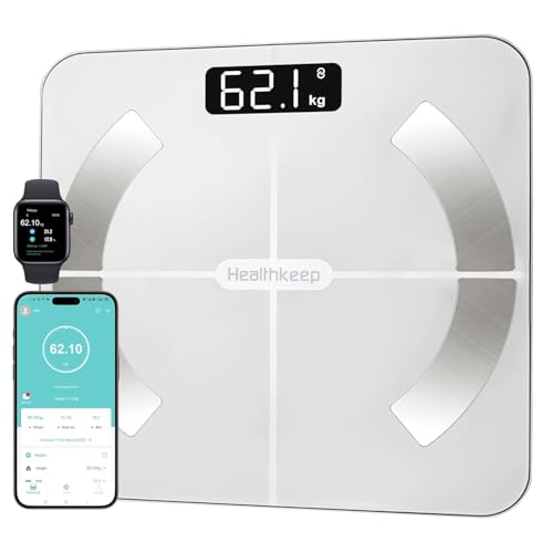 Bilancia Pesa Persona, Healthkeep Bilancia connessa Bluetooth Impedenzometro Pesa Persone Alta Precisione con 13 Misure Corporali APP Per Android & iOS, Capacità 180kg/400lb, 28x28cm