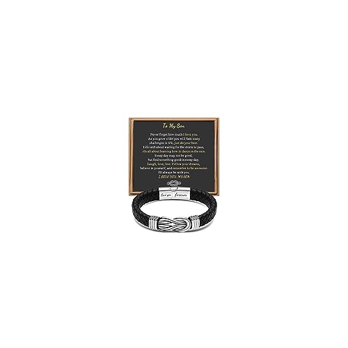 JoycuFF Gifts for Son from Mom Dad to My Son Braided Leather Hand-Woven Bracelet for Men Infinity Knot Engraved Love You Forever Bracelets Cool Christmas Graduation Birthday Gift 9 Inch