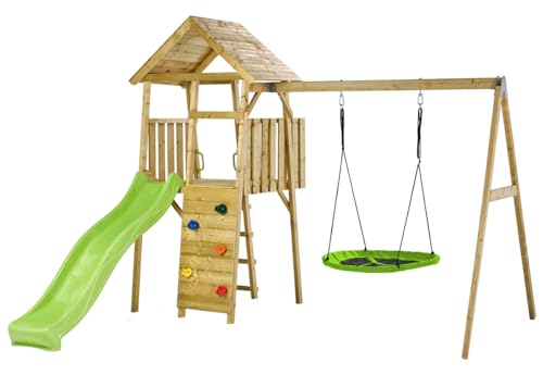Kangui WOODI - Parque infantil pórtico de madera - Doble columpio y nido Ø100 cm, tobogán, pared de escalada, cabaña, escalera