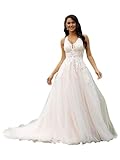 Tulle Wedding Dresses for Bride V Neck Ivory Bridal Gowns Plus Size A Line Lace Appliques Aline Wedding Gowns with Long Trail Ivory US22