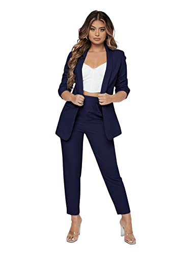 SweatyRocks Women's 2 Piece Solid Ruched Sleeve Blazer and Pants Business Office Suit Set4