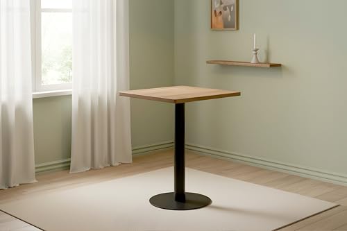 SAM Bistrotisch Emile | 50 x 50 cm rund | Akazienholz massiv | Farbe: Natur | runde Kante | schwarzes Säulengestell aus Metall | Säulentisch/Esstisch für Küche, Café & Essbereich