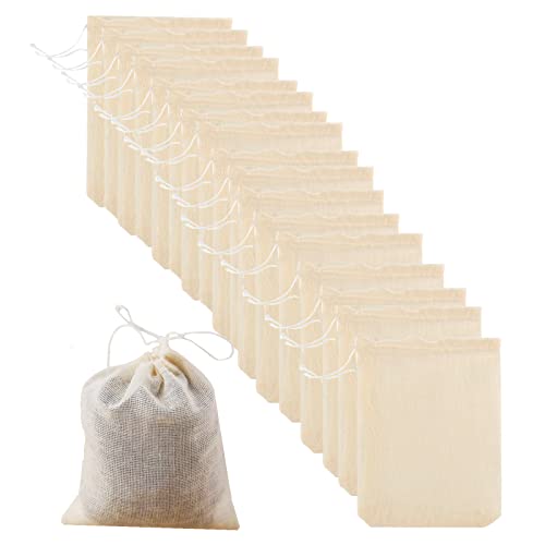 HAKZEON 100 Pack 10 x 8cm Cotton Muslin Drawstring Bags, Resuable Small Mesh Bags Tea Bags for Cooking, Soaking, Tea Coffee Filter, DIY Carft Spices Storage, Gift